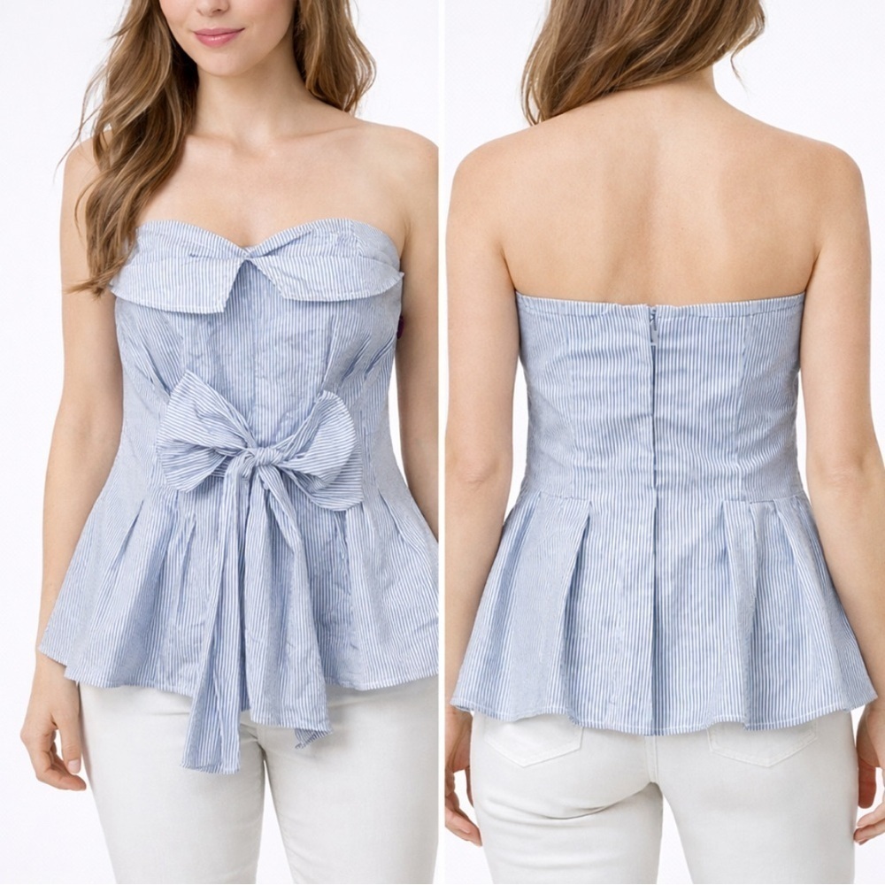 7th Avenue New York Co Blue & White Striped Strapless Top Bow Peplum Large